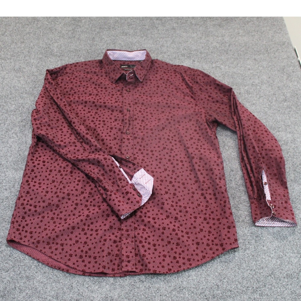 QUIETI Mens XXL Burgundy Rose Print Long Sleeve Button Down Shirt‎ 100% Cotton